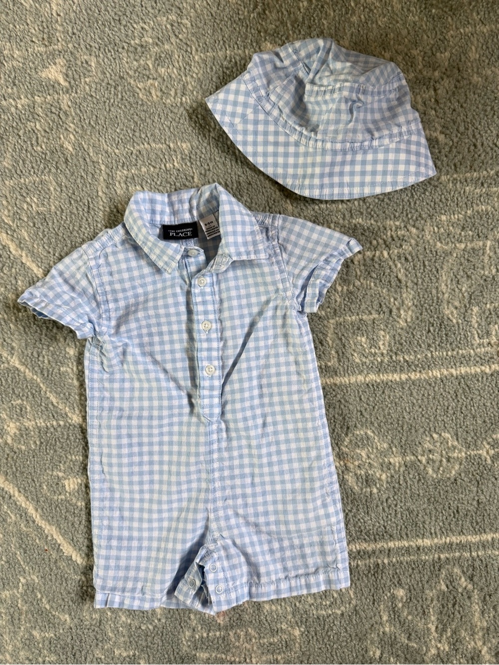 The Children's Place Light Blue Gingham Romper with Matching Hat
